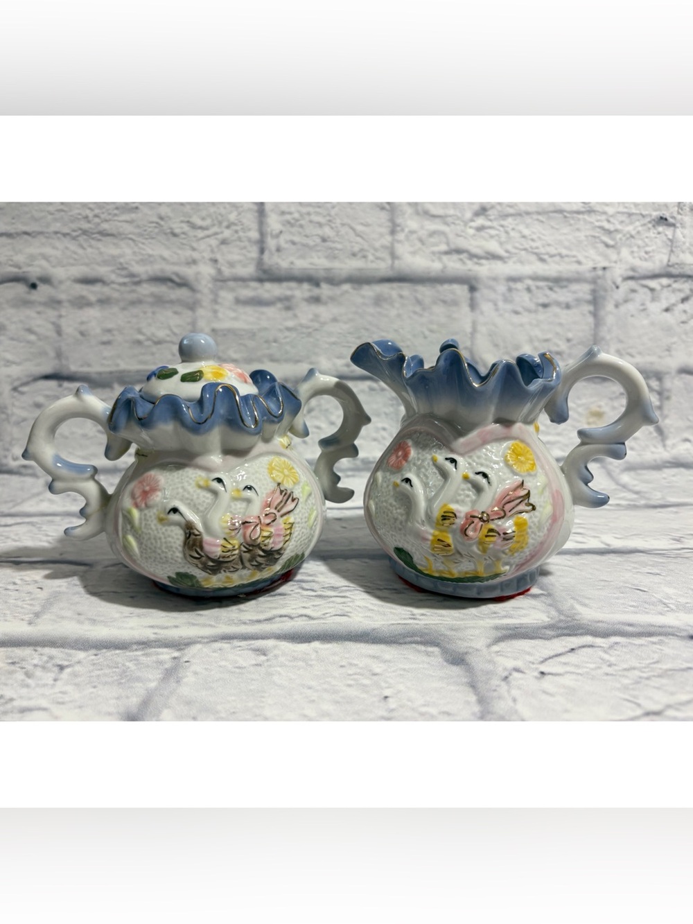 Vintage whimsical decorated geese porcelain cream + sugar bowl set